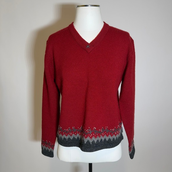 Woolrich 100% Wool Fair Isle Knit Sweater Womens Small Red Gray Winter Festive - Picture 1 of 12